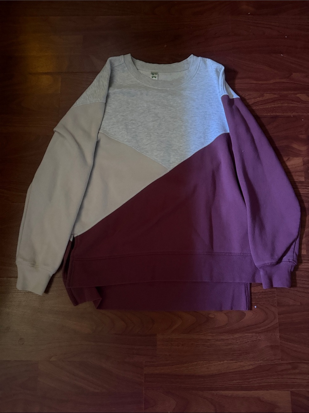 GreenTea Colorblock Crewneck Sweater — Gray, Tan & Plum